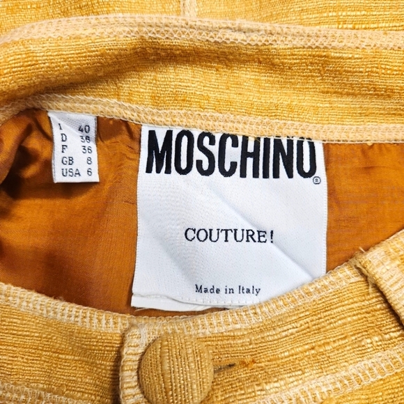 MOSCHINO COUTURE Vintage Yellow Mustard Silk Linen Blend Knit Mini Skirt SZ 6 - Picture 8 of 16